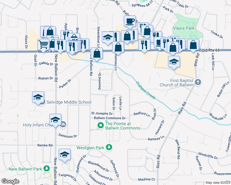 map of restaurants, bars, coffee shops, grocery stores, and more near 221 Solon Drive in Ballwin