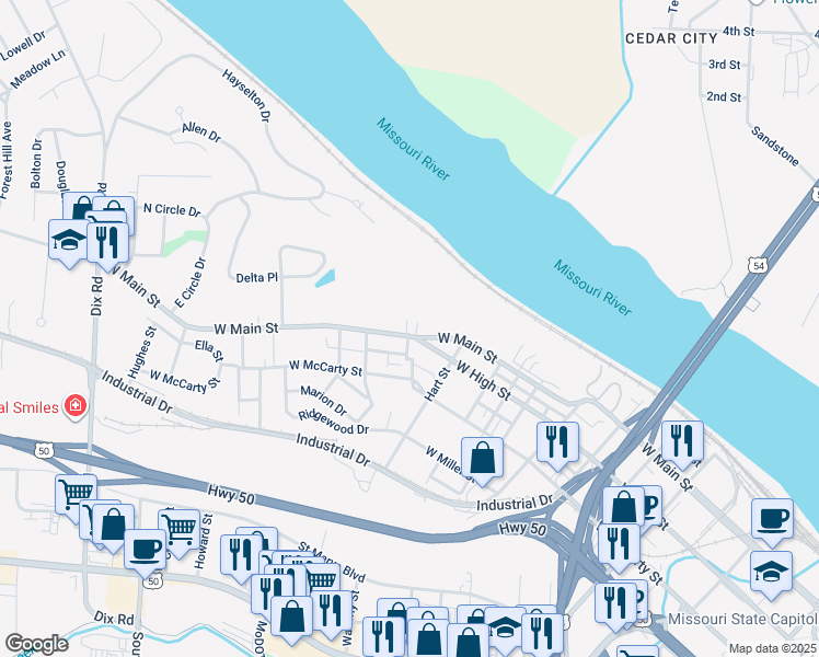 map of restaurants, bars, coffee shops, grocery stores, and more near 1324 West Main Street in Jefferson City
