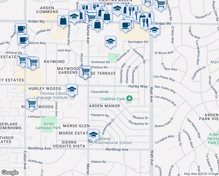 map of restaurants, bars, coffee shops, grocery stores, and more near 1309 Rushden Drive in Sacramento