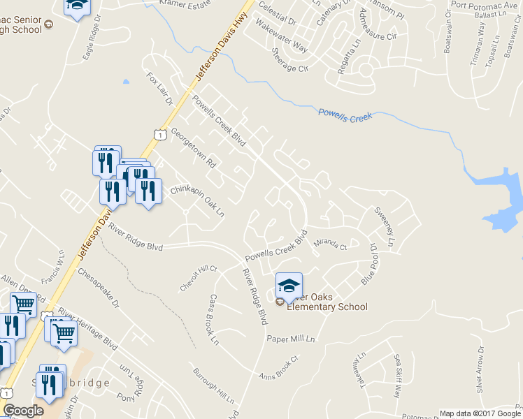 map of restaurants, bars, coffee shops, grocery stores, and more near 16829 Jed Forest Lane in Woodbridge