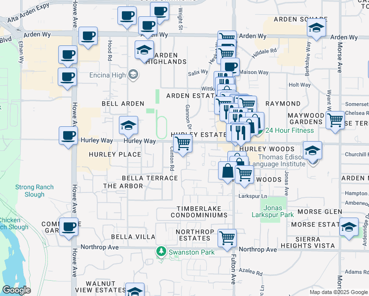 map of restaurants, bars, coffee shops, grocery stores, and more near 2404 Hurley Way in Sacramento