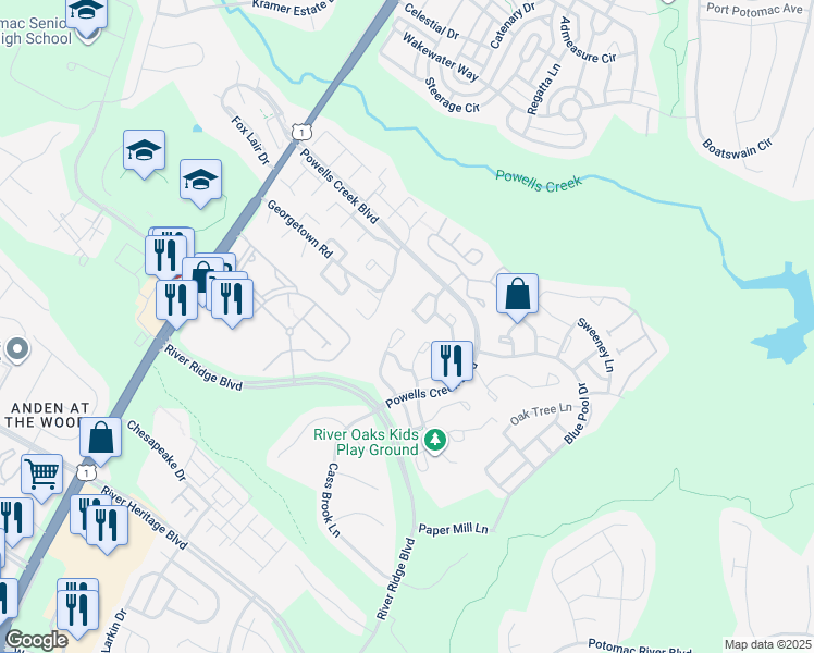 map of restaurants, bars, coffee shops, grocery stores, and more near 16829 Jed Forest Lane in Woodbridge