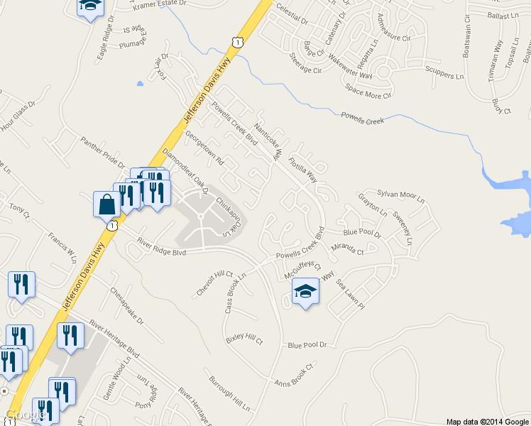 map of restaurants, bars, coffee shops, grocery stores, and more near 16808 Jed Forest Lane in Woodbridge