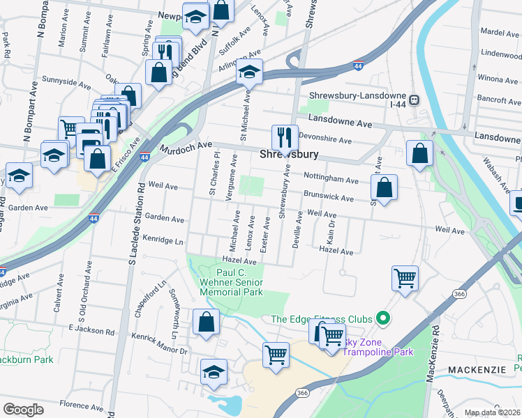 map of restaurants, bars, coffee shops, grocery stores, and more near 7512 Brunswick Avenue in St. Louis