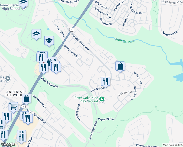 map of restaurants, bars, coffee shops, grocery stores, and more near 16808 Jed Forest Lane in Woodbridge