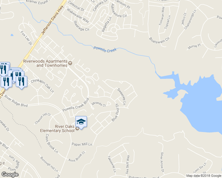 map of restaurants, bars, coffee shops, grocery stores, and more near 2557 Grayton Lane in Woodbridge