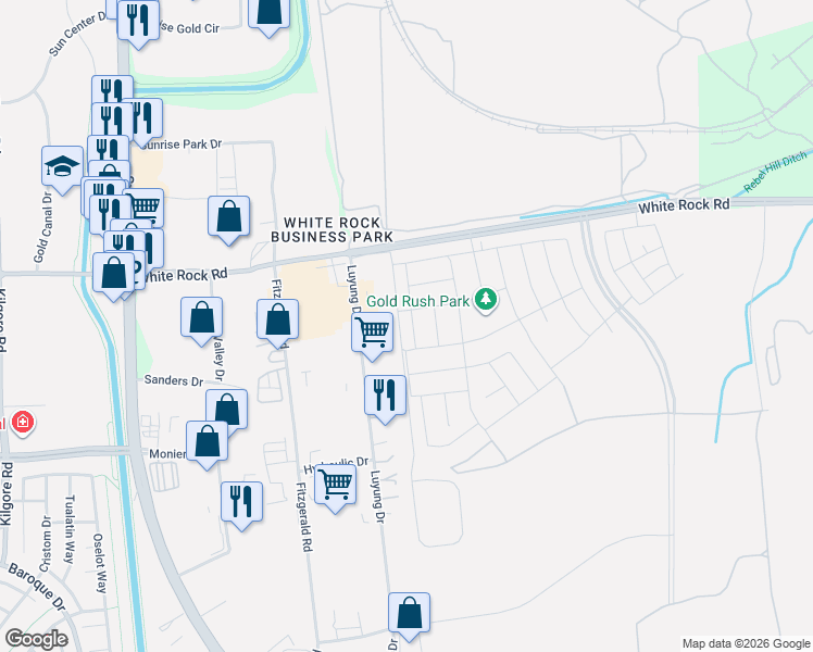 map of restaurants, bars, coffee shops, grocery stores, and more near 11430 White Rock Road in Rancho Cordova
