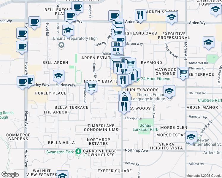 map of restaurants, bars, coffee shops, grocery stores, and more near 2501 Hurley Way in Sacramento