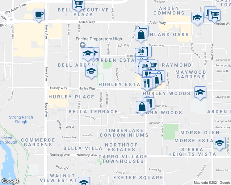 map of restaurants, bars, coffee shops, grocery stores, and more near 1301 Gannon Drive in Sacramento