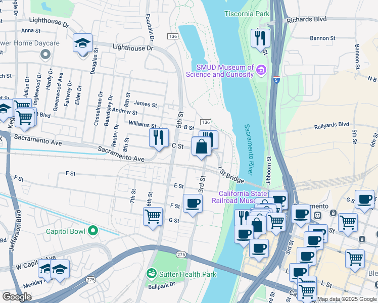 map of restaurants, bars, coffee shops, grocery stores, and more near 416 C Street in West Sacramento