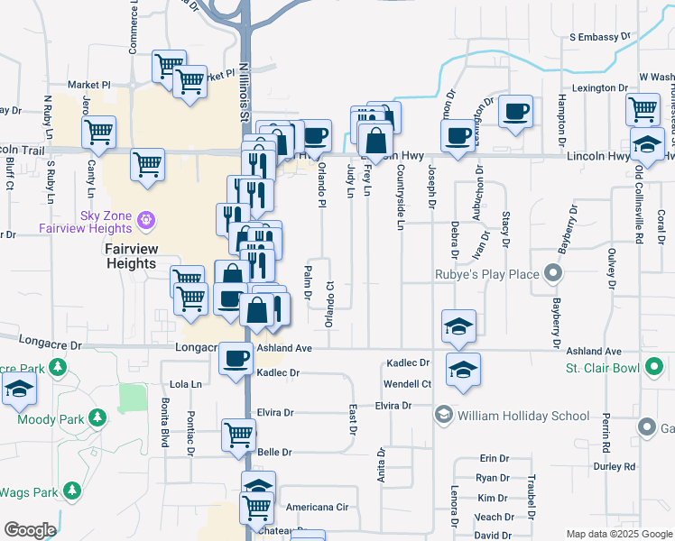 map of restaurants, bars, coffee shops, grocery stores, and more near 53 Judy Lane in Fairview Heights