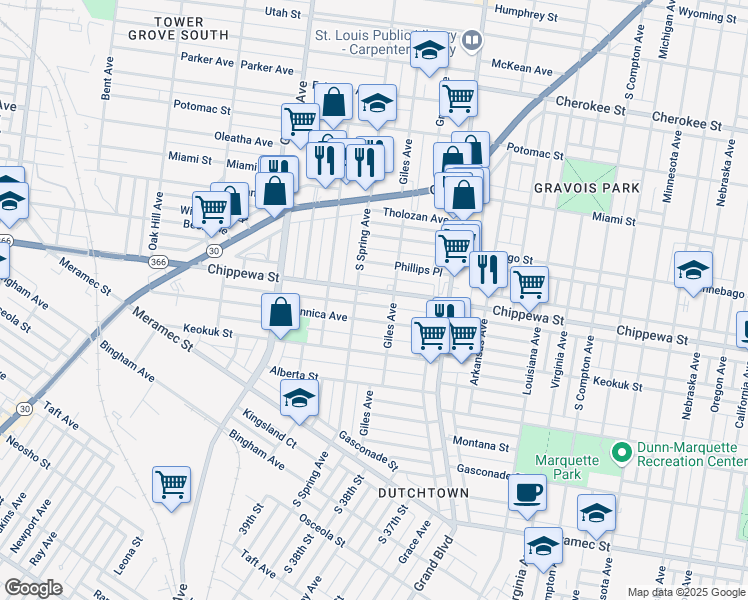 map of restaurants, bars, coffee shops, grocery stores, and more near 3719 Chippewa Street in St. Louis