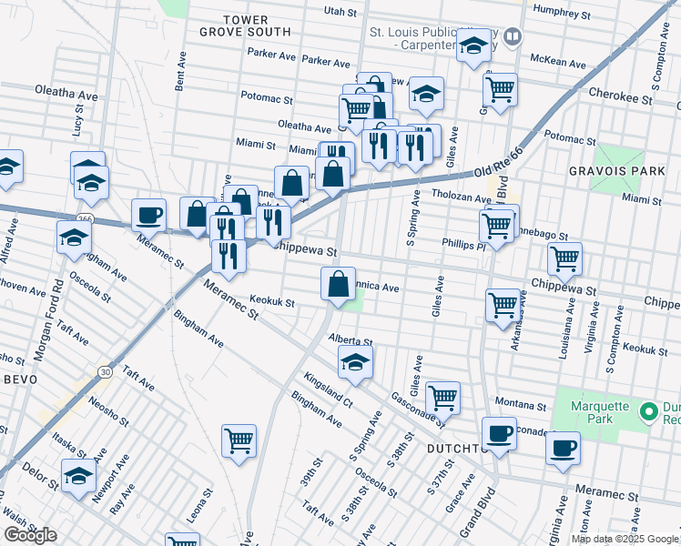 map of restaurants, bars, coffee shops, grocery stores, and more near 3803 Gustine Avenue in St. Louis