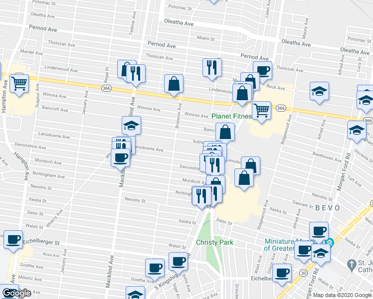 map of restaurants, bars, coffee shops, grocery stores, and more near 5028 Sutherland Avenue in St. Louis