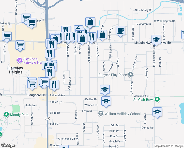 map of restaurants, bars, coffee shops, grocery stores, and more near 64 Countryside Lane in Fairview Heights