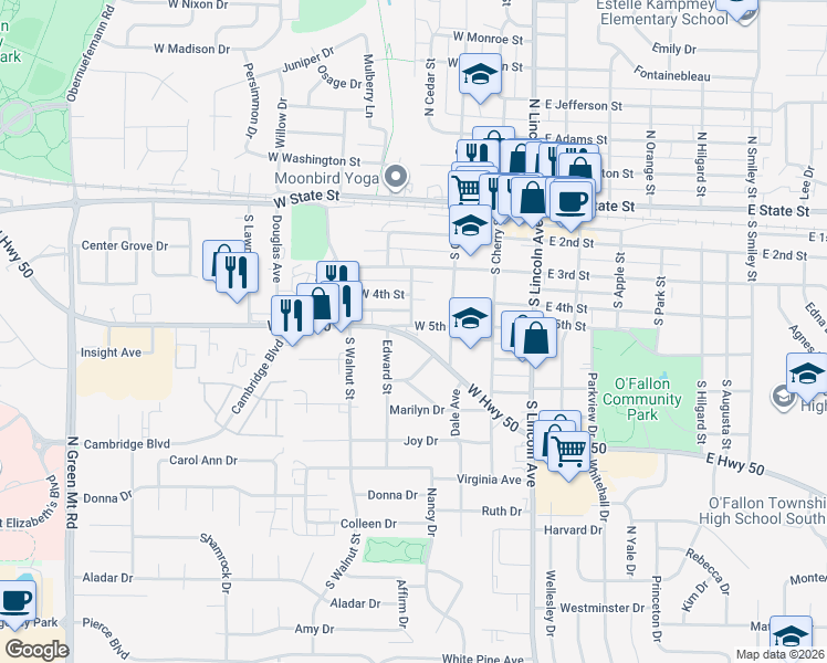 map of restaurants, bars, coffee shops, grocery stores, and more near 405 South Hickory Street in O'Fallon