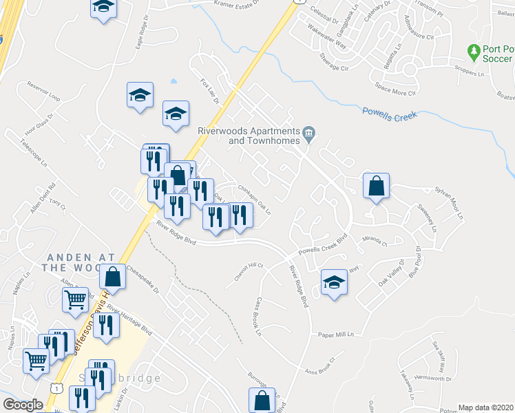 map of restaurants, bars, coffee shops, grocery stores, and more near 2967 Chinkapin Oak Lane in Woodbridge