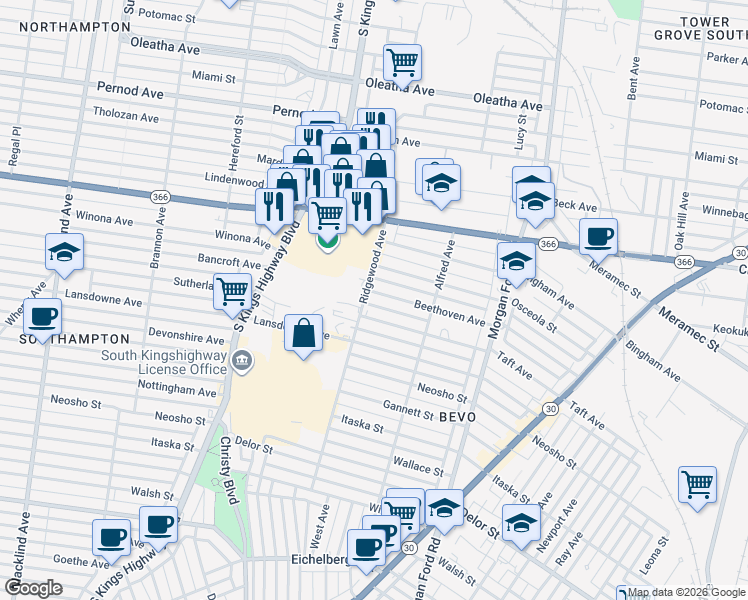 map of restaurants, bars, coffee shops, grocery stores, and more near 4469 Beethoven Avenue in St. Louis
