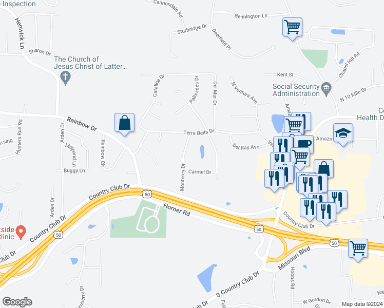 map of restaurants, bars, coffee shops, grocery stores, and more near 115 Monterey Drive in Jefferson City