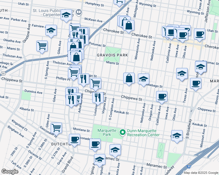 map of restaurants, bars, coffee shops, grocery stores, and more near 3715 South Compton Avenue in St. Louis
