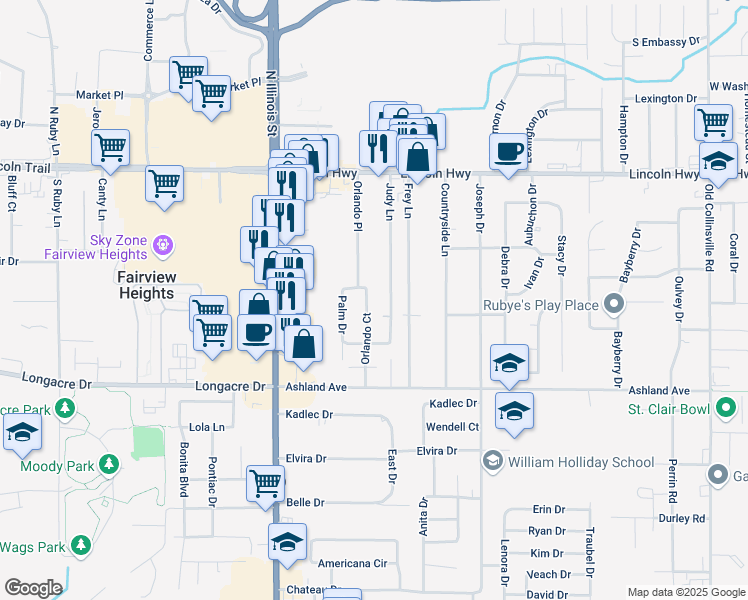 map of restaurants, bars, coffee shops, grocery stores, and more near 53 Judy Lane in Fairview Heights
