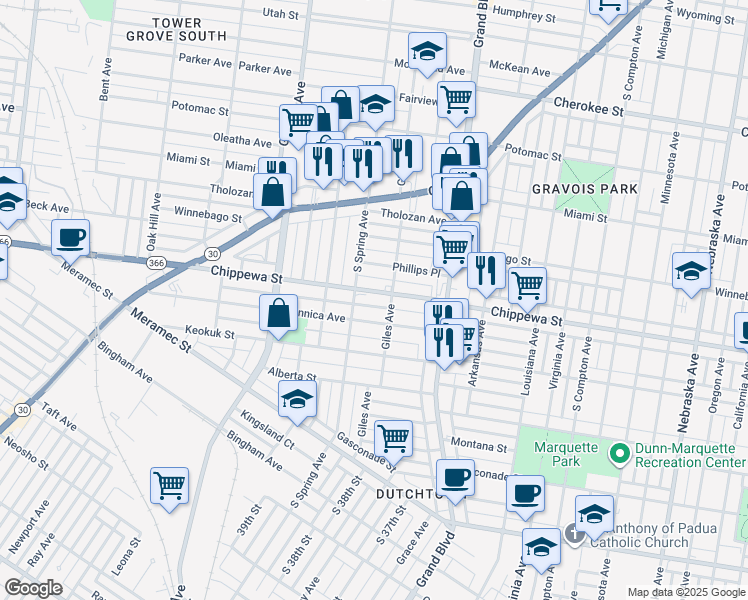 map of restaurants, bars, coffee shops, grocery stores, and more near 3719 Chippewa Street in St. Louis