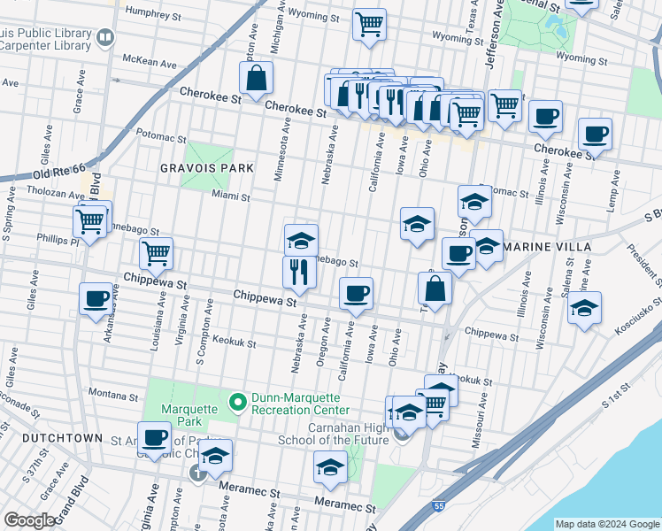 map of restaurants, bars, coffee shops, grocery stores, and more near 3705 Oregon Avenue in St. Louis