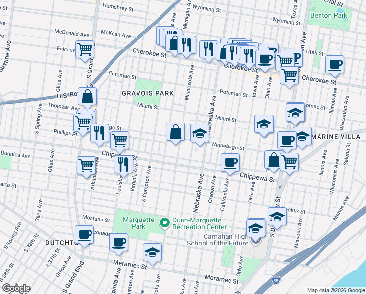 map of restaurants, bars, coffee shops, grocery stores, and more near 3662 Minnesota Avenue in St. Louis