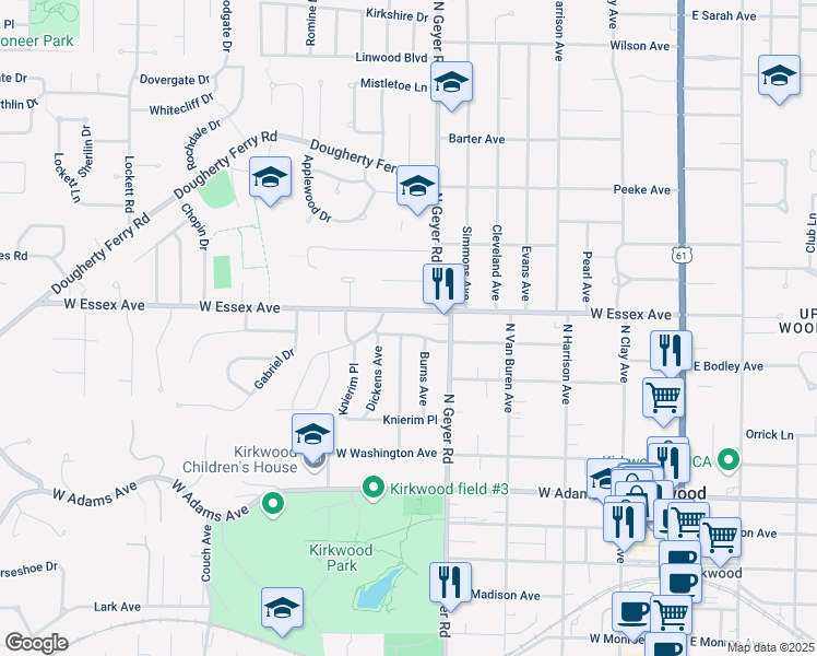 map of restaurants, bars, coffee shops, grocery stores, and more near 534 West Essex Avenue in Kirkwood