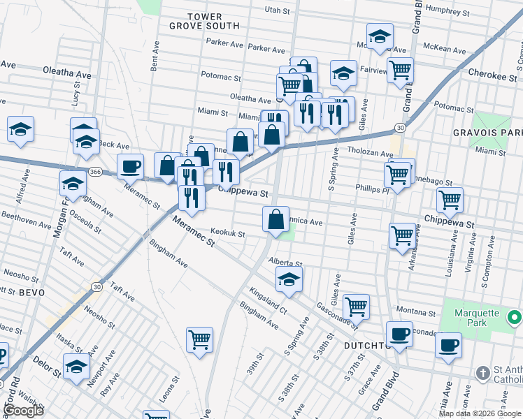 map of restaurants, bars, coffee shops, grocery stores, and more near 3803 Gustine Avenue in St. Louis