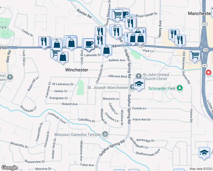 map of restaurants, bars, coffee shops, grocery stores, and more near 329 Saint Lawrence Drive in Ballwin