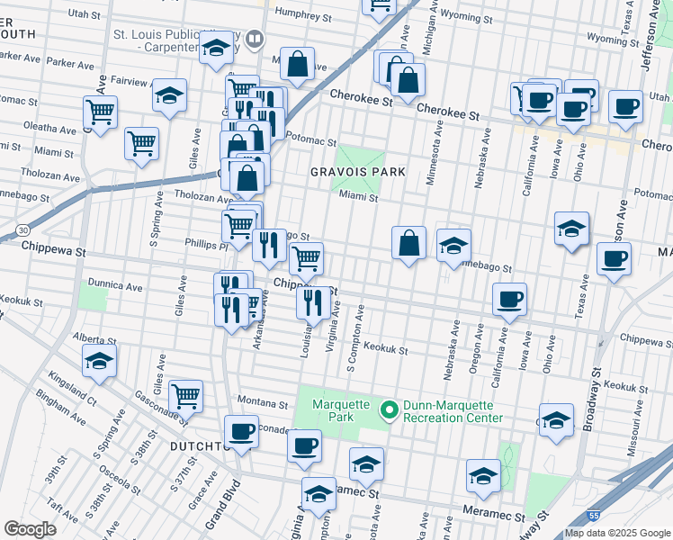 map of restaurants, bars, coffee shops, grocery stores, and more near 3735 Virginia Avenue in St. Louis