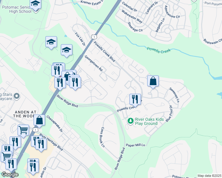 map of restaurants, bars, coffee shops, grocery stores, and more near 16728 Chowning Court in Woodbridge
