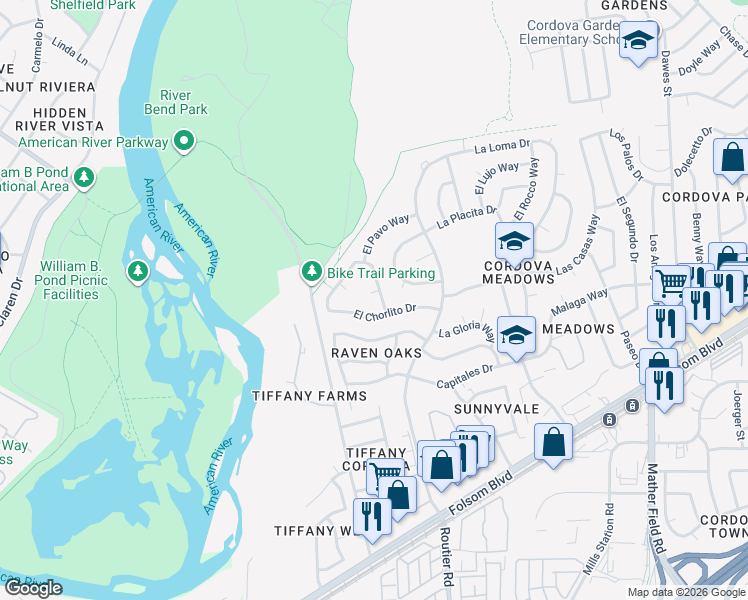map of restaurants, bars, coffee shops, grocery stores, and more near 2222 El Cejo Circle in Rancho Cordova