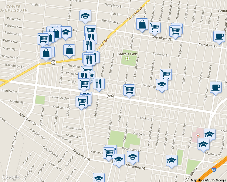 map of restaurants, bars, coffee shops, grocery stores, and more near 3726 Tennessee Avenue in St. Louis