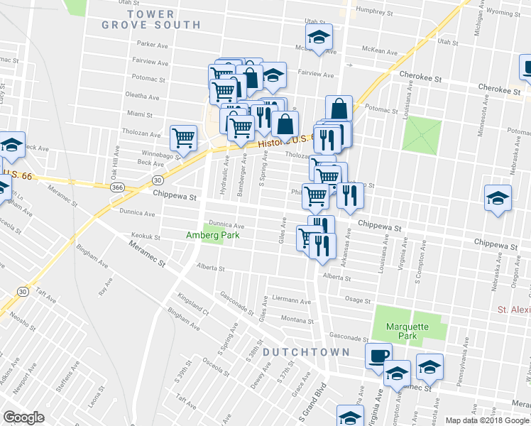 map of restaurants, bars, coffee shops, grocery stores, and more near 3719 Chippewa Street in St. Louis