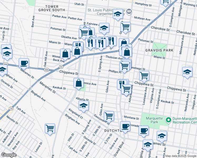 map of restaurants, bars, coffee shops, grocery stores, and more near 3749 Chippewa Street in St. Louis