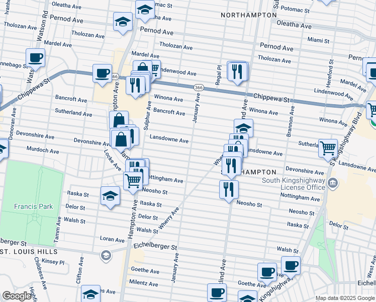 map of restaurants, bars, coffee shops, grocery stores, and more near 5584 Lansdowne Avenue in St. Louis