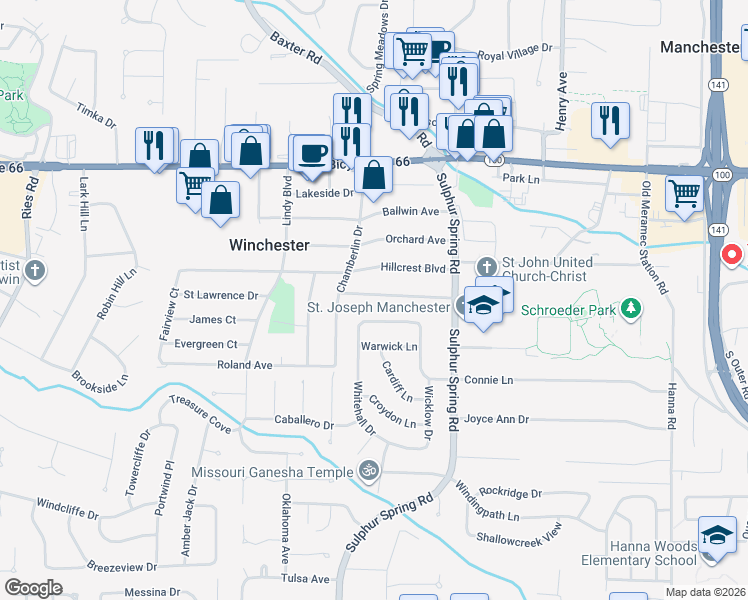 map of restaurants, bars, coffee shops, grocery stores, and more near 329 Saint Lawrence Drive in Ballwin