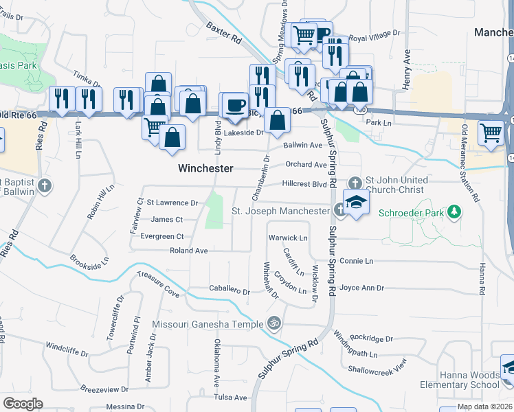 map of restaurants, bars, coffee shops, grocery stores, and more near 401 Chamberlin Drive in Ballwin