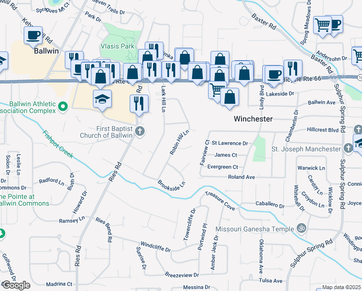 map of restaurants, bars, coffee shops, grocery stores, and more near 204 Robin Hill Lane in Ballwin