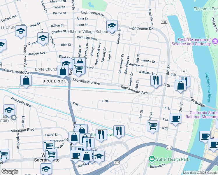 map of restaurants, bars, coffee shops, grocery stores, and more near 739 Sacramento Avenue in West Sacramento