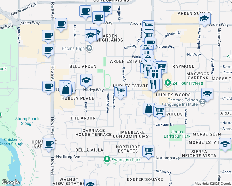 map of restaurants, bars, coffee shops, grocery stores, and more near 1247 Clinton Road in Sacramento