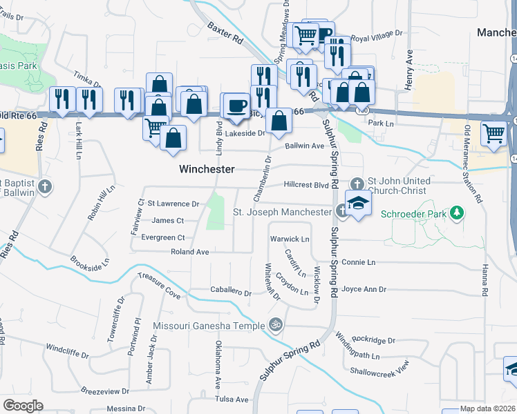 map of restaurants, bars, coffee shops, grocery stores, and more near 401 Chamberlin Drive in Ballwin
