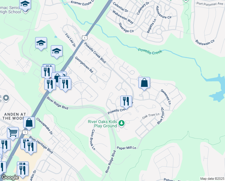 map of restaurants, bars, coffee shops, grocery stores, and more near 16813 Jed Forest Lane in Woodbridge