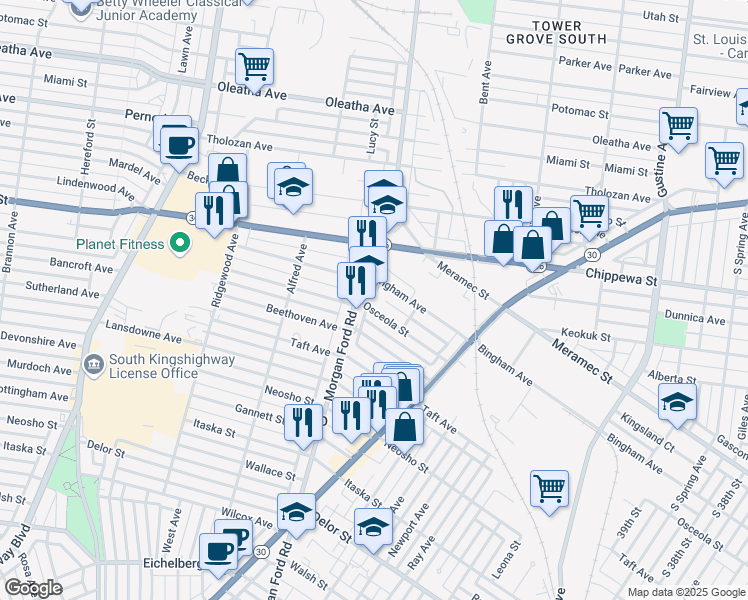 map of restaurants, bars, coffee shops, grocery stores, and more near 4300 Morgan Ford Road in St. Louis