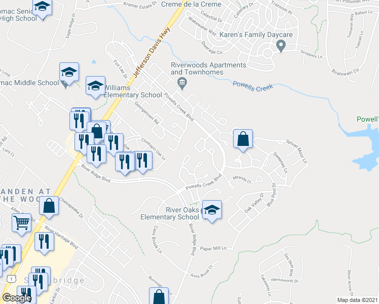 map of restaurants, bars, coffee shops, grocery stores, and more near 16813 Jed Forest Lane in Woodbridge