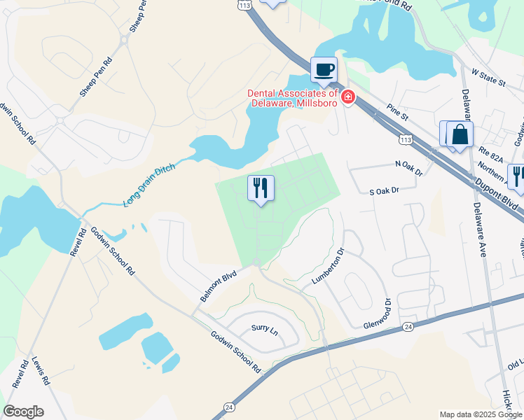 map of restaurants, bars, coffee shops, grocery stores, and more near 29844 Plantation Lakes Boulevard in Millsboro