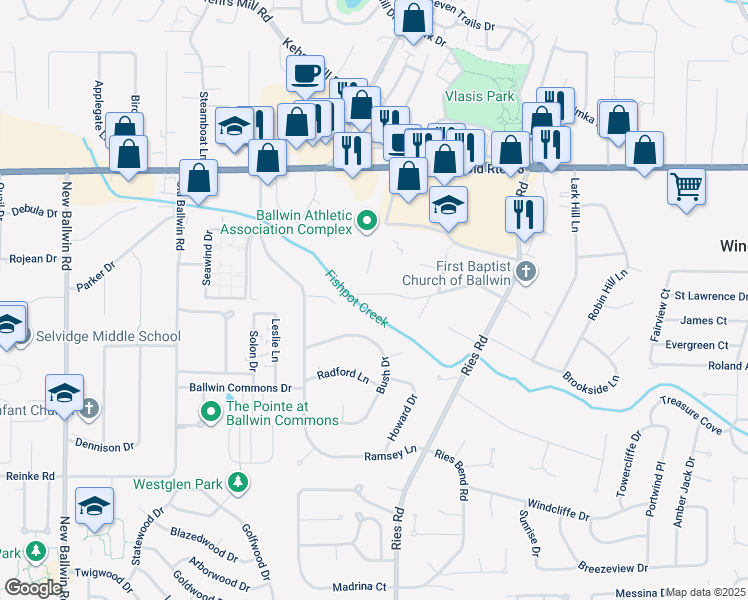 map of restaurants, bars, coffee shops, grocery stores, and more near 442 Essen Lane in Ballwin