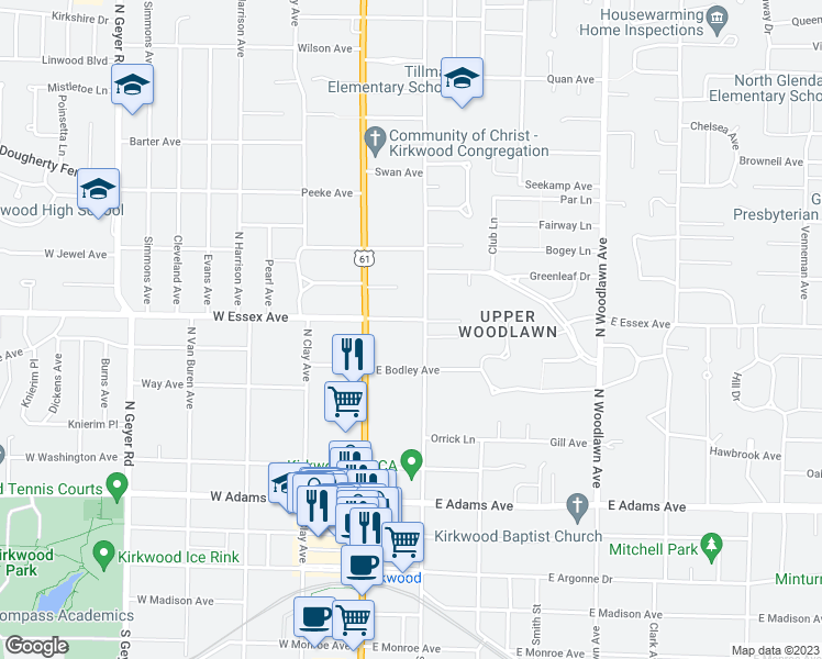 map of restaurants, bars, coffee shops, grocery stores, and more near 549 North Taylor Avenue in Kirkwood